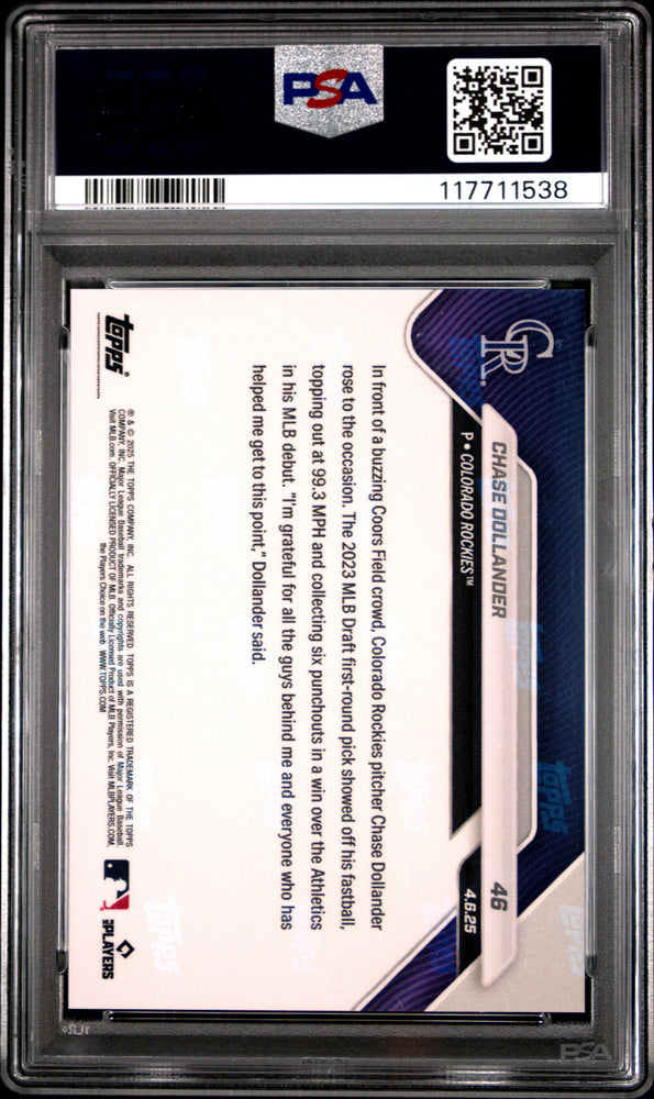 Graded 2025 Topps Now Chase Dollander #46 Rookie RC Baseball Card PSA 9 Mint (ONLINE ORDER ONLY)