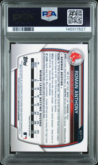 Graded 2023 Topps Bowman Roman Anthony #BCP71 /250 Chrome Prospects Purple Refractor Rookie RC Baseball Card PSA 9 Mint