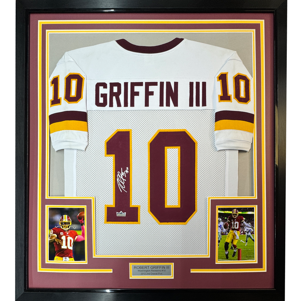 Framed Facsimile Autographed Robert Griffin III 35x39 Washington White Reprint Laser Auto Football Jersey (ONLINE ORDER ONLY)