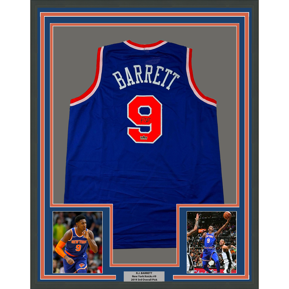 Framed Facsimile Autographed RJ R.J. Barrett 35x39 New York Blue Reprint Laser Auto Basketball Jersey (ONLINE ORDER ONLY)