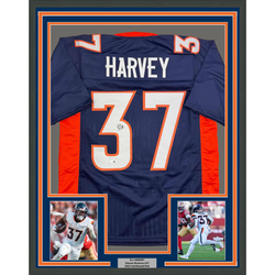 Framed Autographed/Signed R.J RJ Harvey 35x39 Denver Blue Football Jersey JSA COA