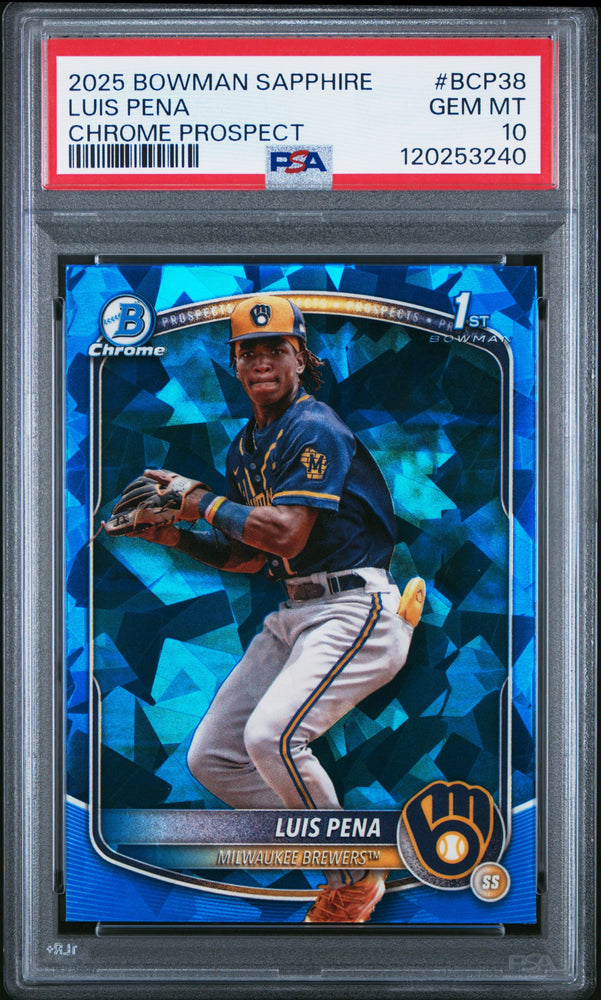 Graded 2025 Topps Bowman Sapphire Luis Pena #BCP38 Chrome Prospects Rookie RC Baseball Card PSA 10 Gem Mint (ONLINE ORDER ONLY)