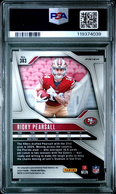Graded 2024 Panini Prizm Ricky Pearsall #383 Pink Prizm Autograph Rookie RC Football Card PSA 9 Mint (ONLINE ORDER ONLY)