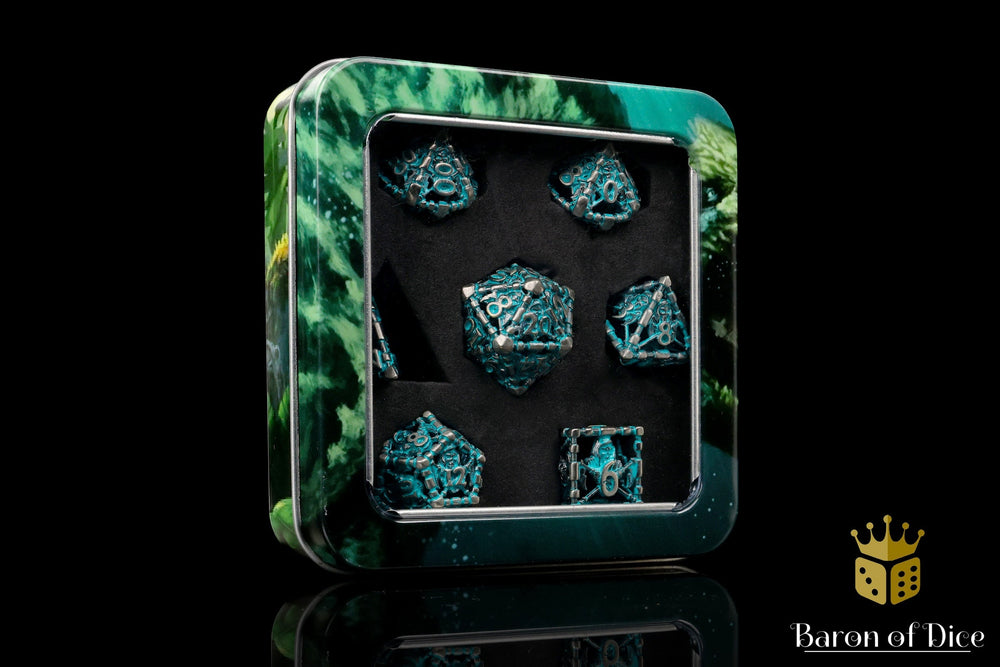Grim Reaper Teal Glow Metal RPG Dice Set - 7 Pieces (ONLINE ORDER ONLY)