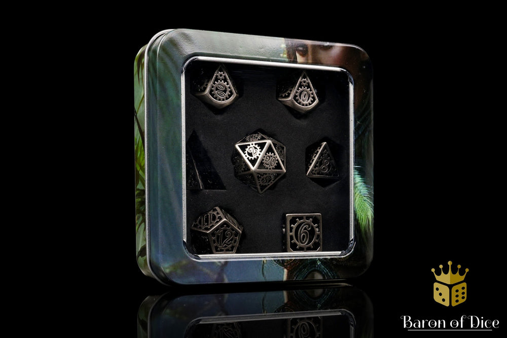 Silver Machinery Metal RPG Dice Set - 7 Pieces (ONLINE ORDER ONLY)