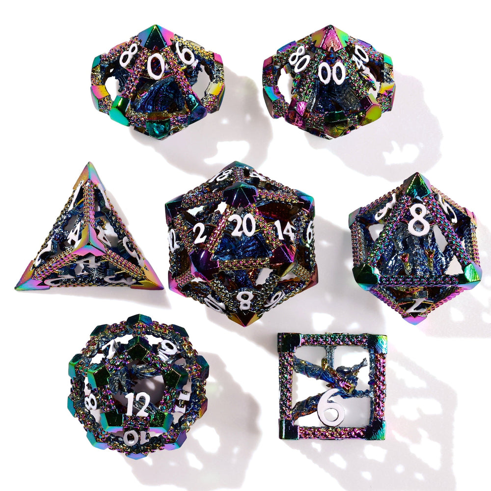 Miniature Rainbow Dragon Metal RPG Dice Set | 7 Pieces (ONLINE ORDER ONLY)