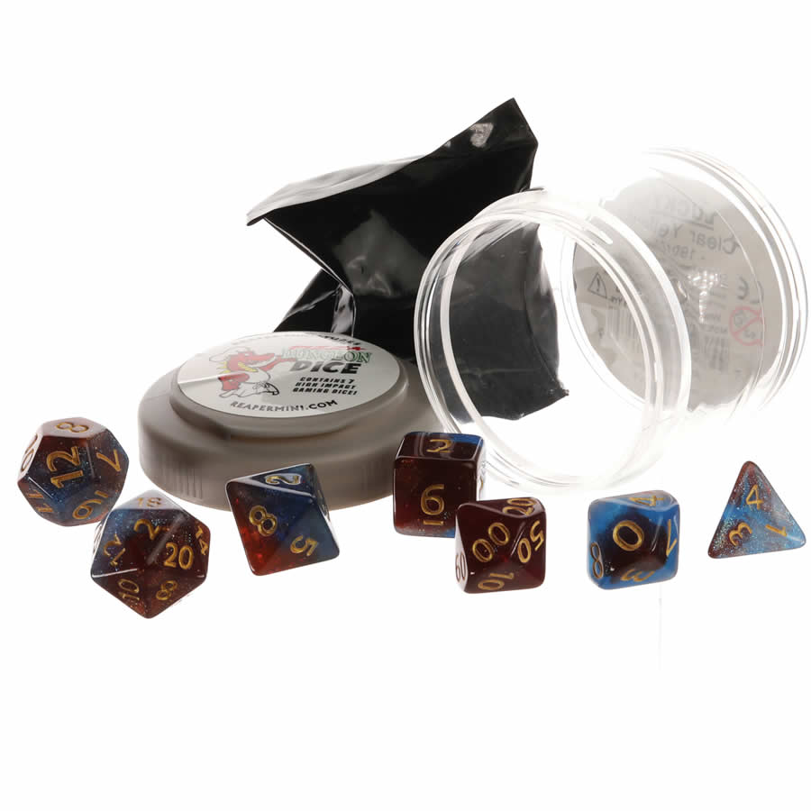RPR19032 Red and Blue Nebula Boss Dice Set 16mm (5/8 inch) Dungeon Dice with Random Miniature Included Reaper Miniatures (ONLINE ORDER ONLY)