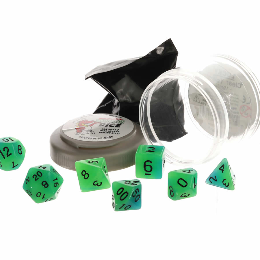 RPR19035 Green and Blue Glow Dice Set 16mm (5/8 inch) Dungeon Dice with Random Miniature Included Reaper Miniatures (ONLINE ORDER ONLY)