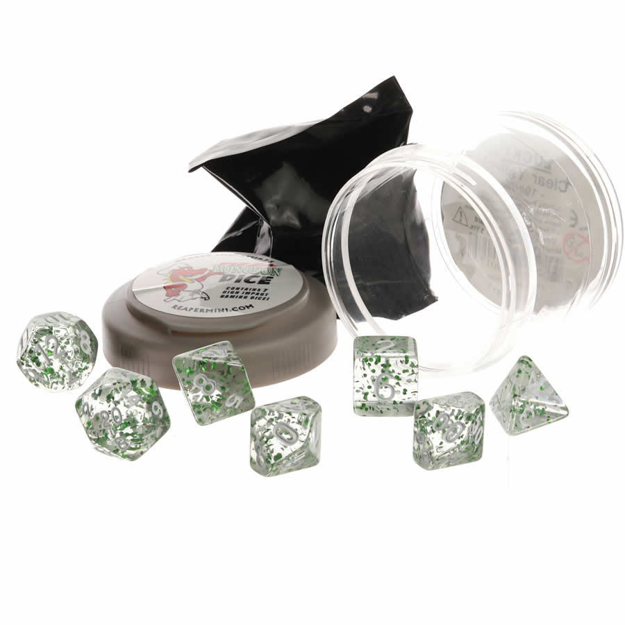 RPR19038 Green Glitter Boss Dice Set 16mm (5/8 inch) Dungeon Dice with Random Miniature Included Reaper Miniatures (ONLINE ORDER ONLY)