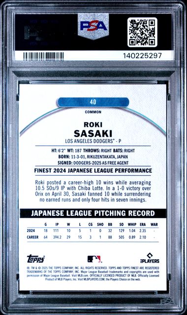 Graded 2025 Topps Finest Roki Sasaki #40 Checkerboard Refractor Rookie RC Baseball Card PSA 10 Gem Mint
