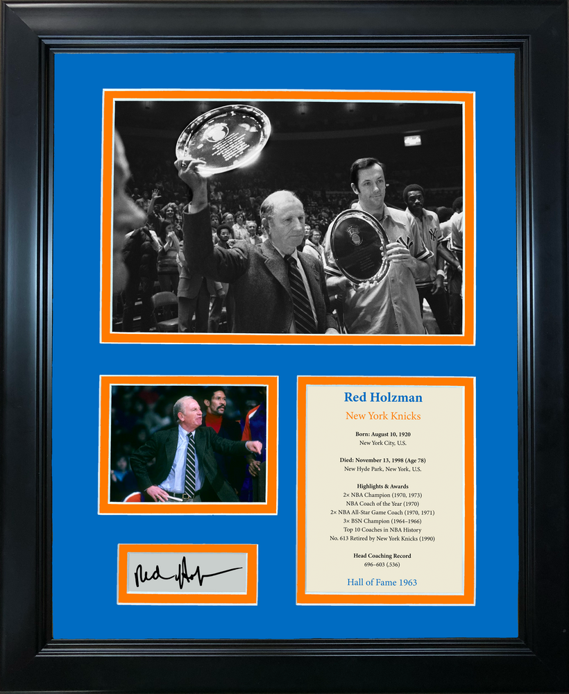 Framed Red Holzman Hall of Fame New York Knicks Facsimile Laser Engraved Signature Auto Basketball 11"x14"Photo Sig Collage (ONLINE ORDER ONLY)