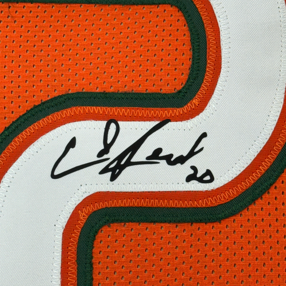 Framed Facsimile Autographed Ed Reed 35x39 Miami Orange Reprint Laser Auto College Football Jersey (ONLINE ORDER ONLY)