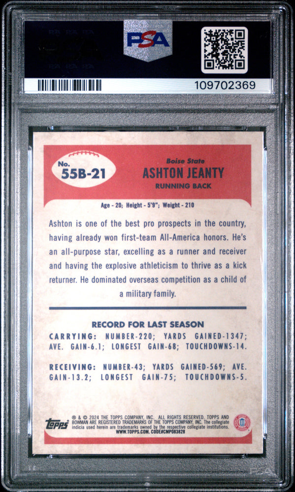 Graded 2024 Topps Bowman U Chrome Ashton Jeanty #55B21 1955 Bowman Rookie RC Football Card PSA 10 Gem Mint (ONLINE ORDER ONLY)