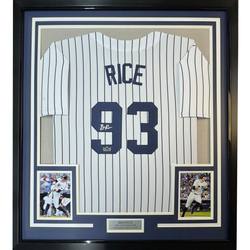 Framed Facsimile Autographed Ben Rice 35x39 New York Pinstripe Reprint Laser Auto Baseball Jersey (ONLINE ORDER ONLY)