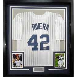 Framed Facsimile Autographed Mariano Rivera 35x39 New York Pinstripe Reprint Laser Auto Baseball Jersey (ONLINE ORDER ONLY)