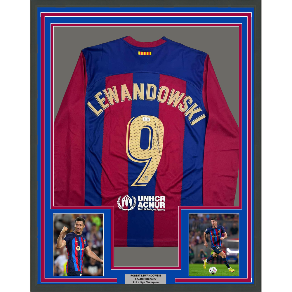 Framed Autographed/Signed Robert Lewandowski 35x39 FC Barcelona Blue Soccer Jersey Beckett BAS COA