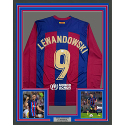 Framed Autographed/Signed Robert Lewandowski 35x39 FC Barcelona Blue Soccer Jersey Beckett BAS COA