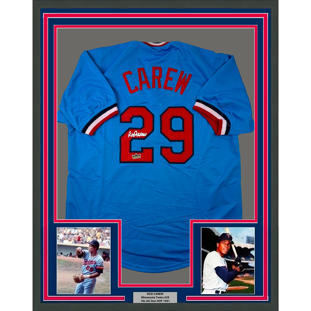 Framed Facsimile Autographed Rod Carew 35x39 Minnesota Blue Reprint Laser Auto Baseball Jersey (ONLINE ORDER ONLY)