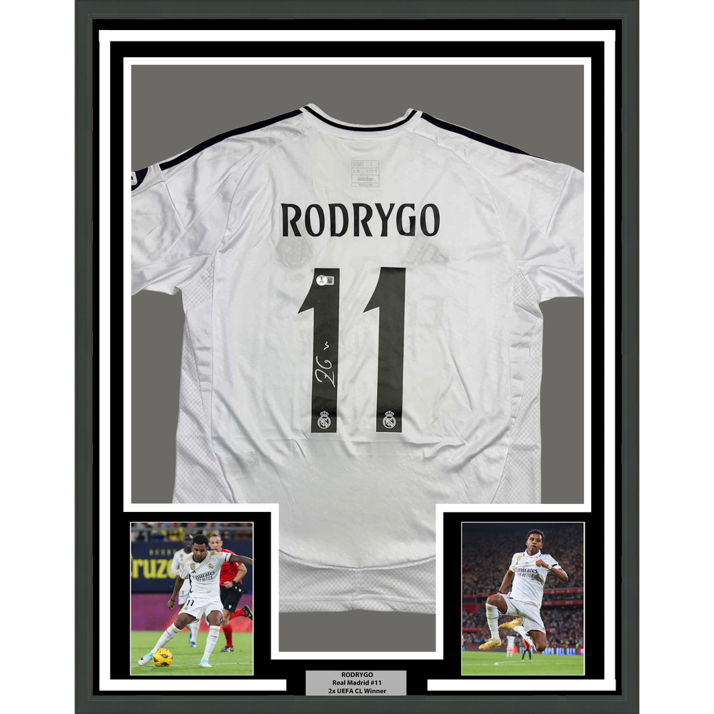 Framed Autographed/Signed Rodrygo Silva de Goes 35x39 Real Madrid White Soccer Jersey Beckett BAS COA