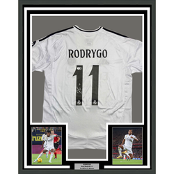 Framed Autographed/Signed Rodrygo Silva de Goes 35x39 Real Madrid White Soccer Jersey Beckett BAS COA