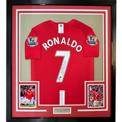 Framed Autographed/Signed Cristiano Ronaldo 35x39 Manchester United Red 2008 Soccer Jersey Beckett BAS COA