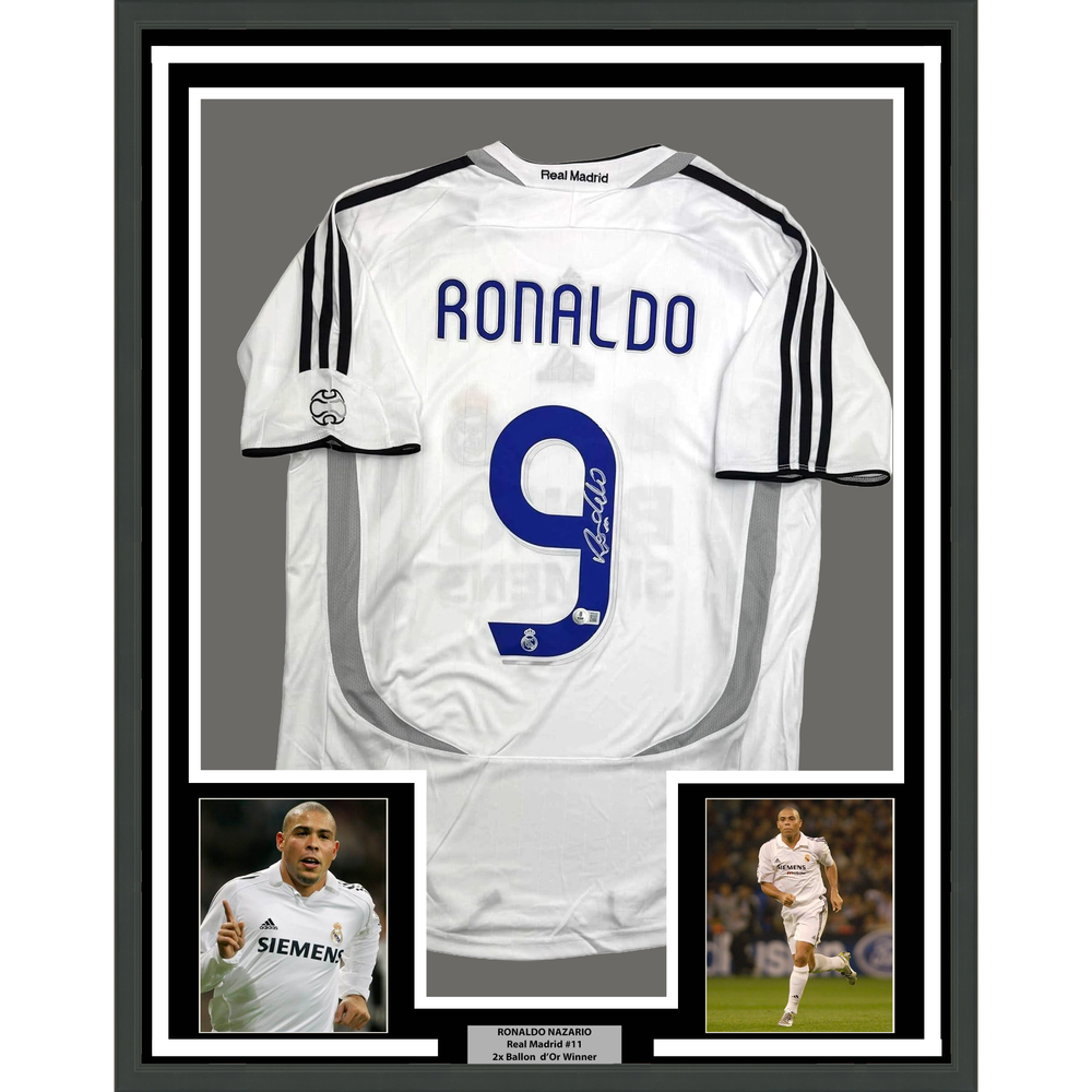 Framed Autographed/Signed Ronaldo Nazario 35x39 Real Madrid White Soccer Jersey Beckett BAS COA