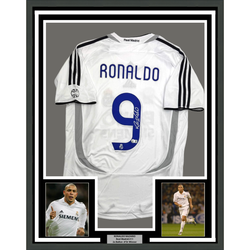 Framed Autographed/Signed Ronaldo Nazario 35x39 Real Madrid White Soccer Jersey Beckett BAS COA