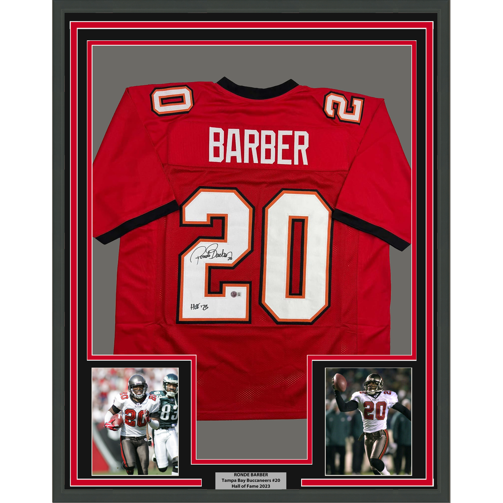 Framed Autographed/Signed Ronde Barber HOF 23 35x39 Tampa Bay Red Football Jersey Beckett BAS COA
