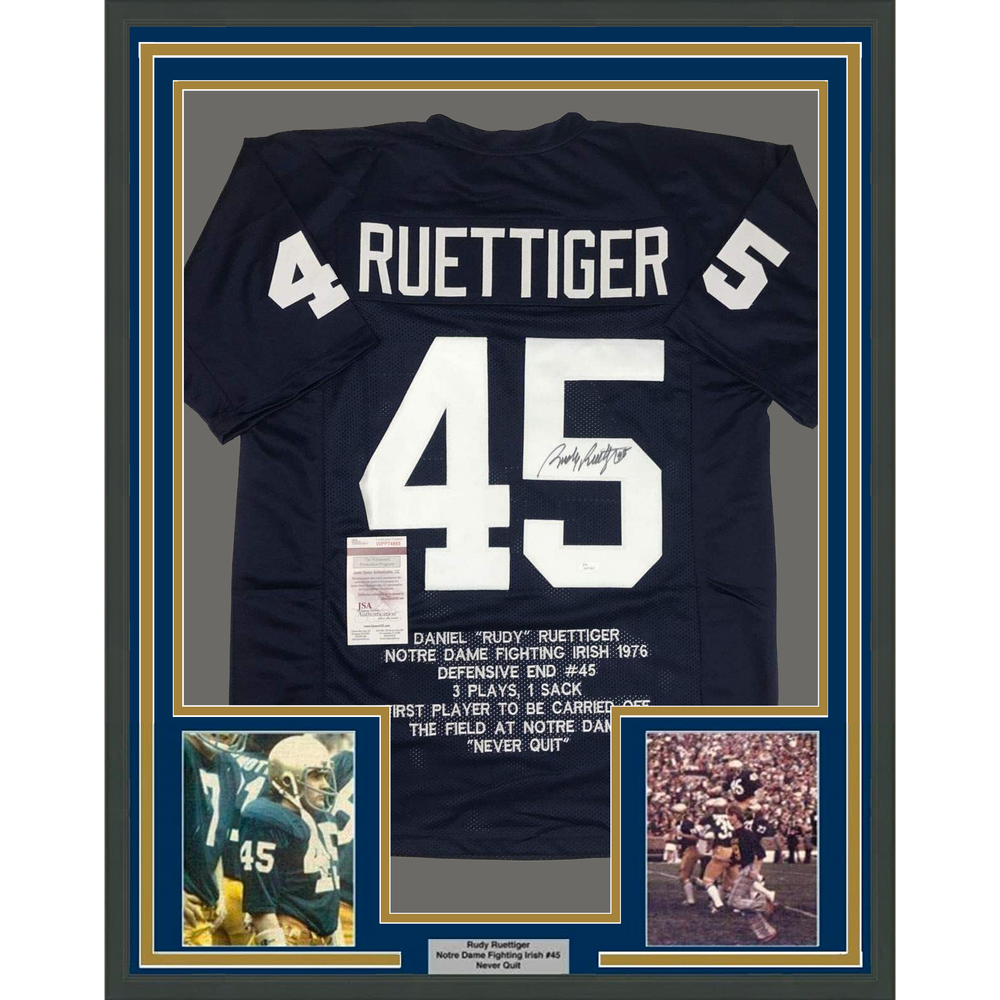 Framed Autographed/Signed Rudy Ruettiger 35x39 Notre Dame Blue Stat College Football Jersey JSA COA