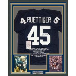 Framed Autographed/Signed Rudy Ruettiger 35x39 Notre Dame Blue Stat College Football Jersey JSA COA