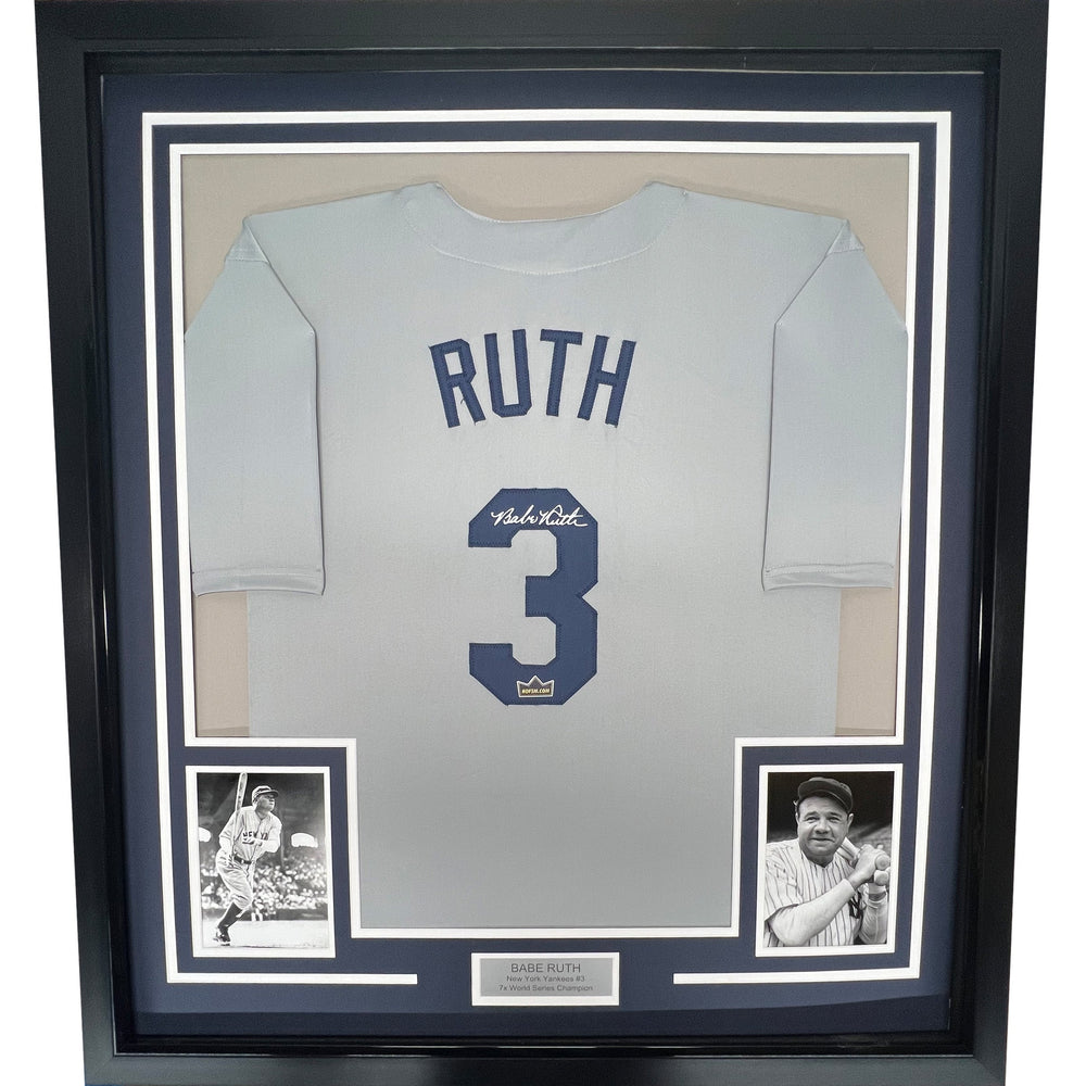 Framed Facsimile Autographed Babe Ruth 35x39 New York Grey Reprint Laser Auto Baseball Jersey Size Men's XL (ONLINE ORDER ONLY)