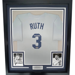 Framed Facsimile Autographed Babe Ruth 35x39 New York Grey Reprint Laser Auto Baseball Jersey Size Men's XL (ONLINE ORDER ONLY)