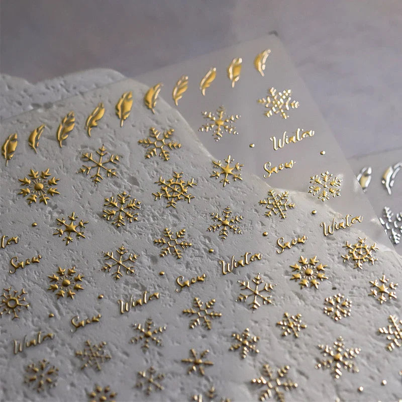 Hot Stamping Romantic White Gold Snowflakes Hexagon Winter 3D Self Adhesive Nail Art Stickers Shiny Rhinestone Manicure Decals (Online Order Only)