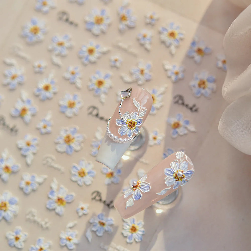 Flowers in Bloom Cosmos Chrysanthemum Daisy White Petal Yellow Stamen Self Adhesive Nail Art Decorations Sticker Manicure Decals (ONLINE ORDER ONLY)