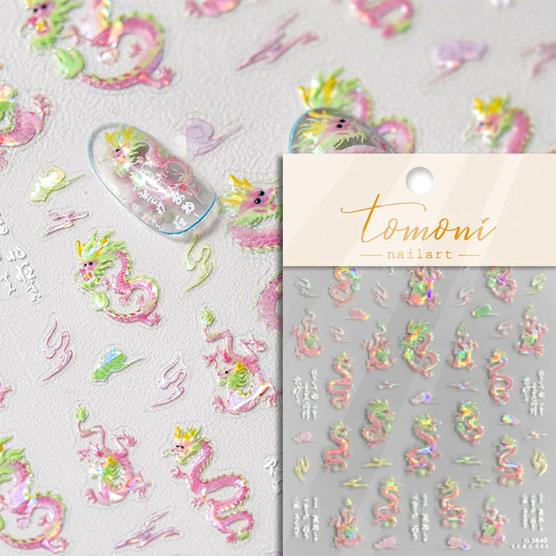 Auspicious Peach Blossom Snake Fan Flower The Spring Festival Tiger Head Adhesive Nail Art Stickers Red Lantern Manicure Decals (Online Order Only)