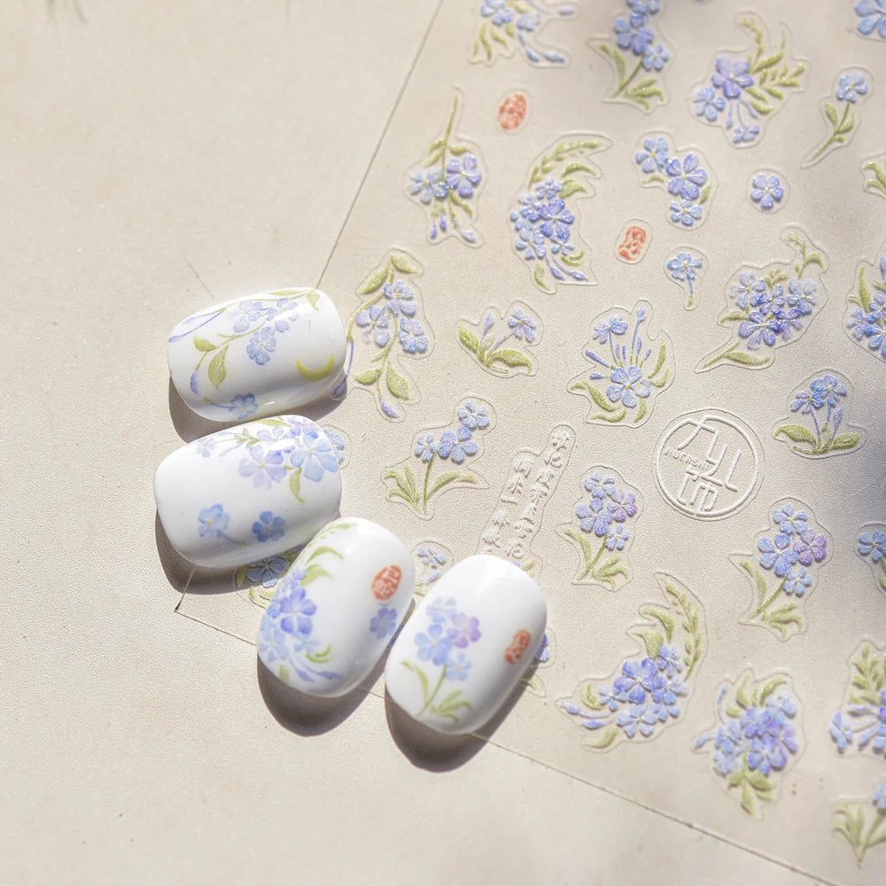 Vibrant and Lively Pullulate Purple Blue Snow Orchid Flower Garden Springtime Adhesive Nail Art Sticker Chic 3D Manicure Decals (Online Order Only)