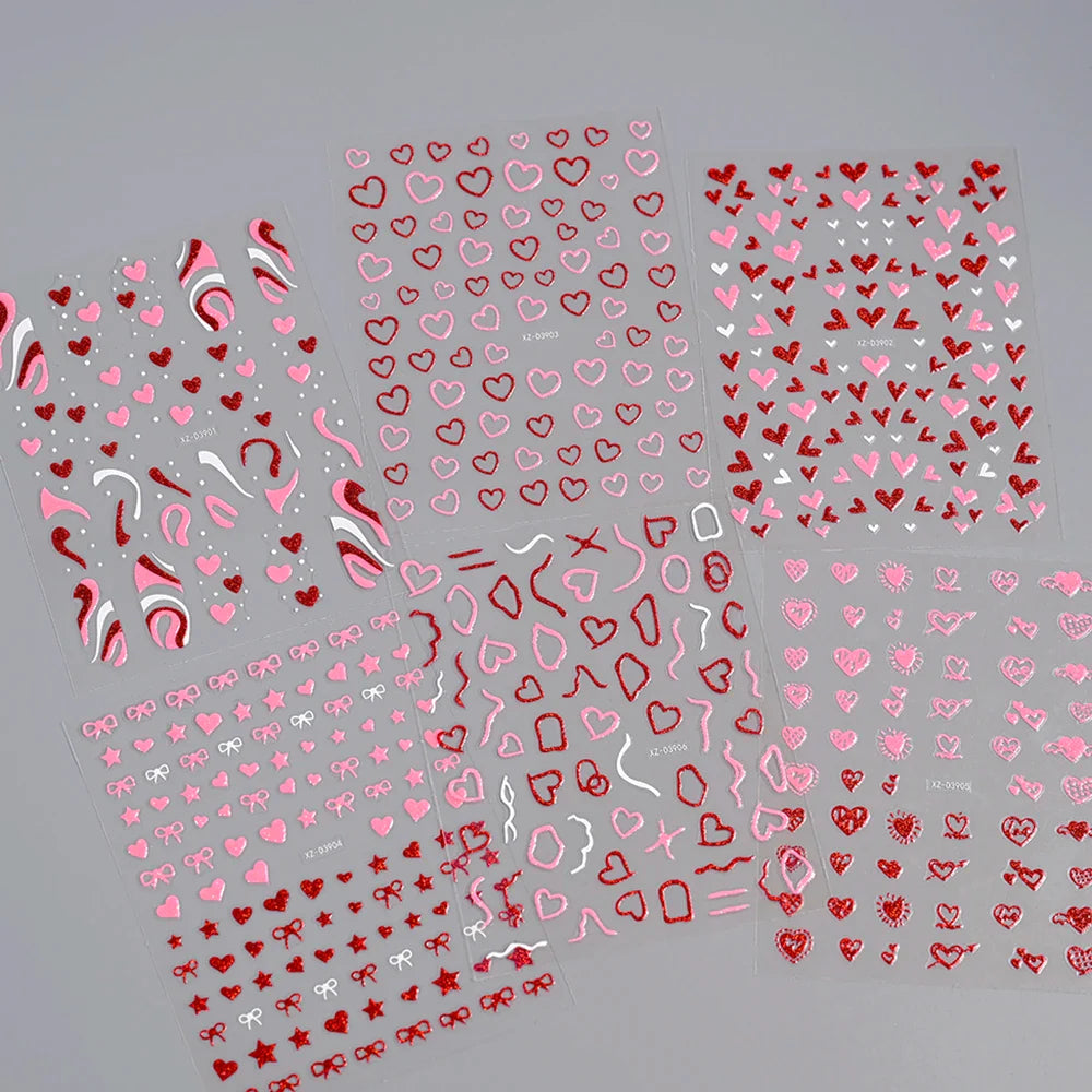 1Pc Red Pink White Heart Bow Nail Art Stickers with Glitter Sequins 5D Self Adhesive Nail Decorations Slider Decals DIY Manicure (ONLINE ORDER ONLY)