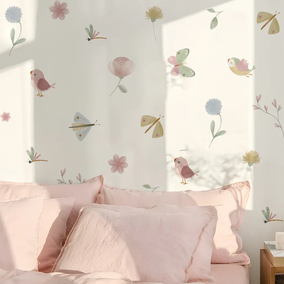 Pink Butterfly Flowers Birds Wall Stickers for Kids Bedroom Nursery Decor (ONLINE ORDER ONLY)