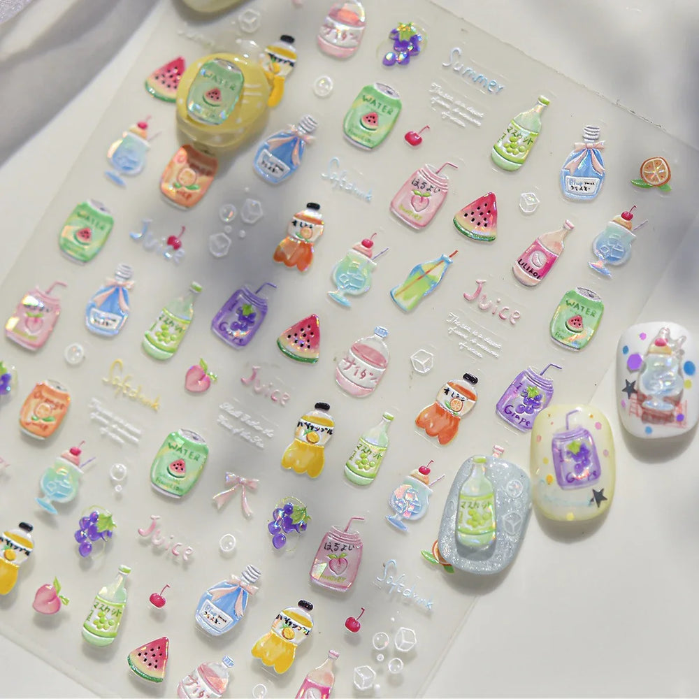 Soda Fruit Beverage Bottle Bear Watermelon Popsicle Dessert Ice Cream Cat Cherry Strawberry Bow Summer Nail Art Stickers Decals (ONLINE ORDER ONLY)