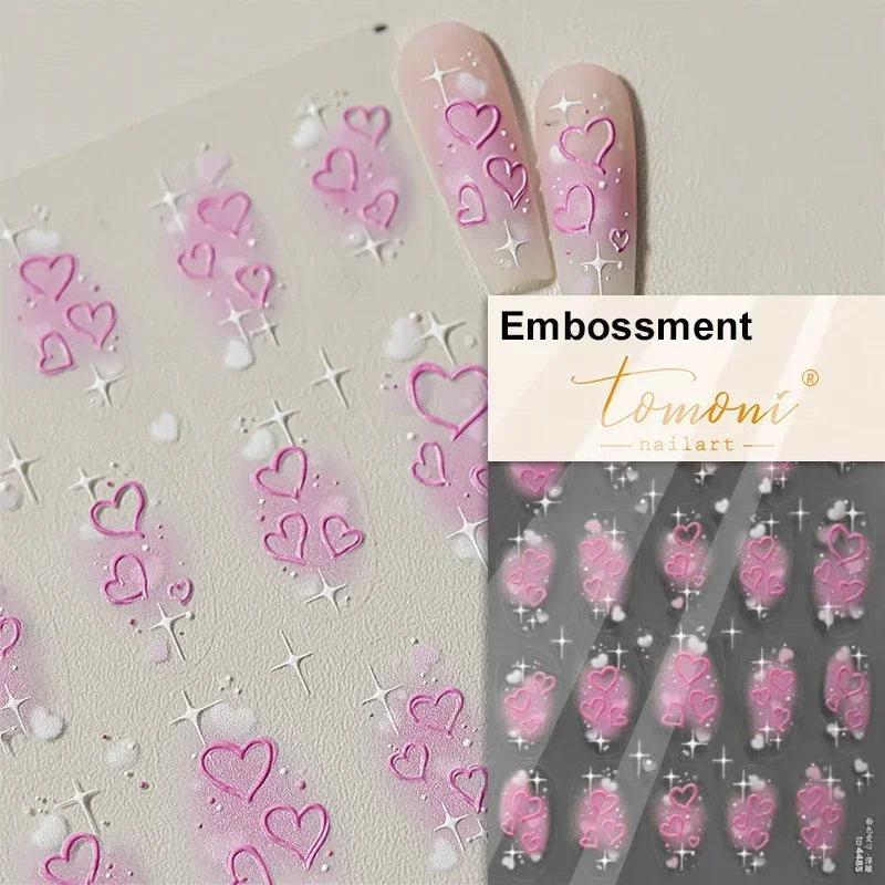 Flat Small Pink Brown Halo Dyeing Love Heart Geometric Leopard Shiny Jelly Chic Embossed Relief Nail Art Stickers Manicure Decal (Online Order Only)
