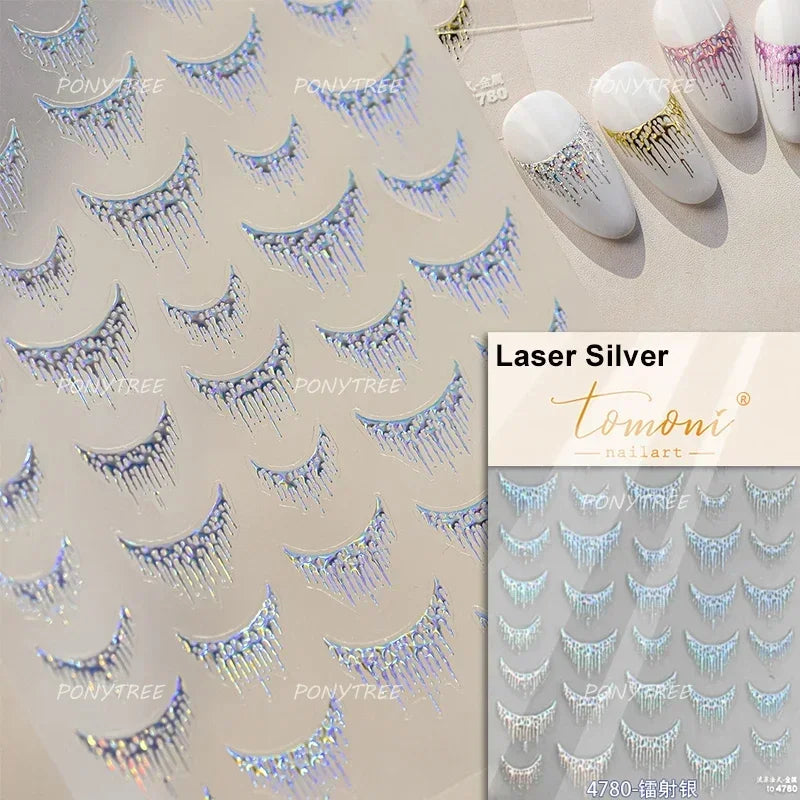 French Romantic Tassel Crescent Moon Laser Charming Gold Silver Arc Self Adhesive Nail Art Stickers Hot Stamping Manicure Decals (Online Order Only)