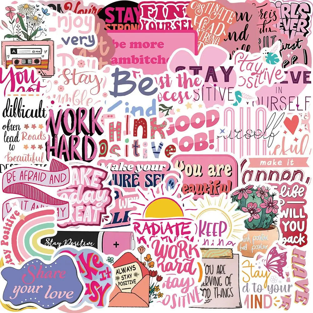 10/50PCS Kawaii Pink Motivational Stickers Inspirational Positive Words Graffiti Decals Scrapbook Notebook Phone Luggage Sticker (Online Order Only)