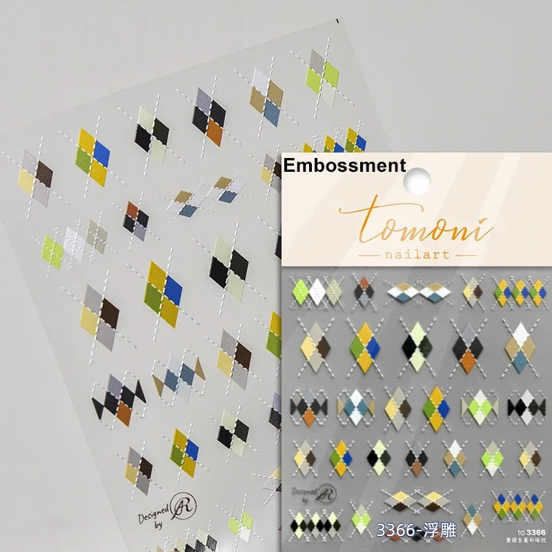 French Style Colorful Square Grid Rhombus Stripe Bowknot Line 3D Self Adhesive Nail Art Stickers Shiny Rhinestone Manicure Decal (Online Order Only)