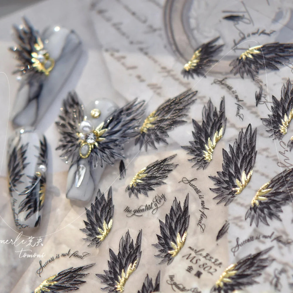 White Black Wings Feather Angel Demon Devil Dreamy Hot Stamping English Letter Adhesive Nail Art Stickers Manicure Tool Decals (Online Order Only)