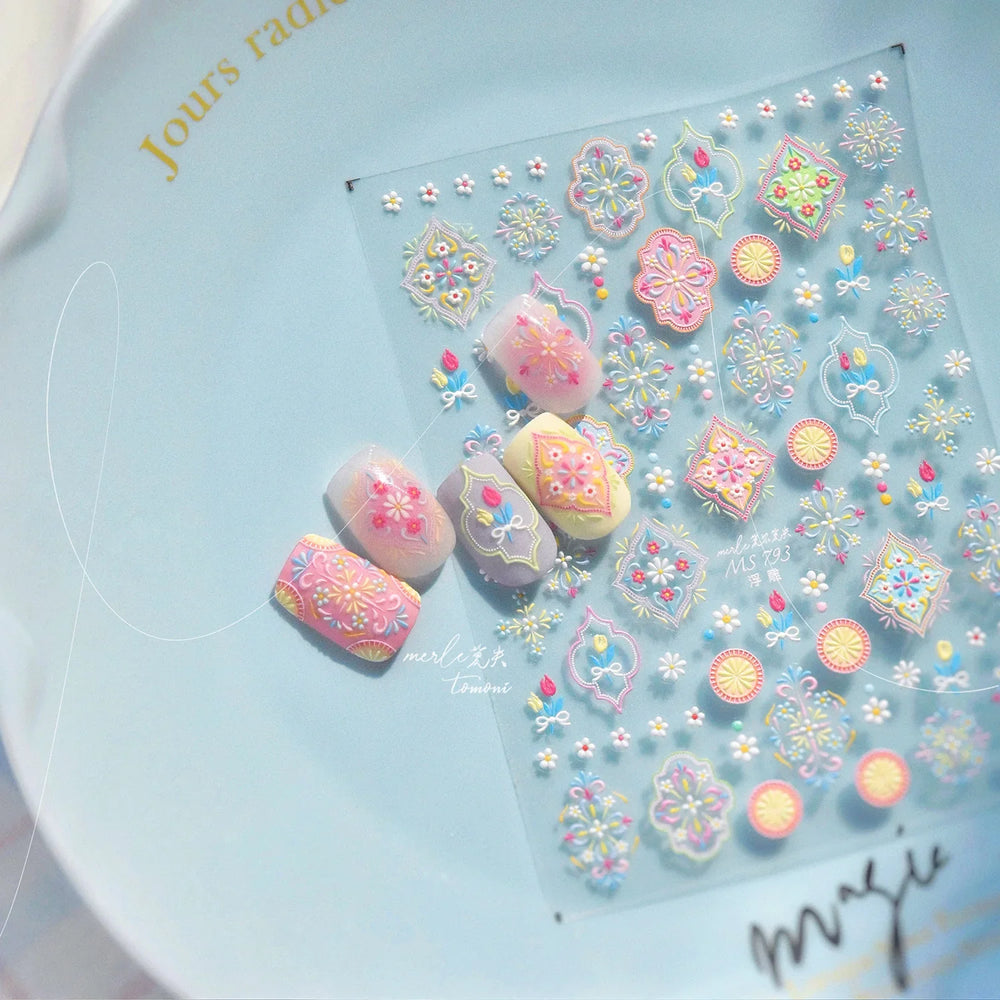 Chic Lavender Tulip Flower Bowknot Totem Center Symmetric Pattern Daisy Line Gird Self Adhesive Nail Art Stickers Manicure Decal (ONLINE ORDER ONLY)
