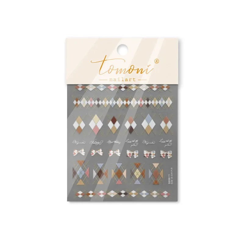 French Style Colorful Square Grid Rhombus Stripe Bowknot Line 3D Self Adhesive Nail Art Stickers Shiny Rhinestone Manicure Decal (Online Order Only)