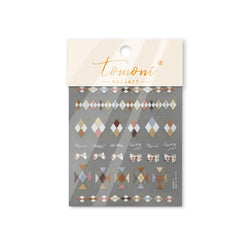 French Style Colorful Square Grid Rhombus Stripe Bowknot Line 3D Self Adhesive Nail Art Stickers Shiny Rhinestone Manicure Decal (Online Order Only)
