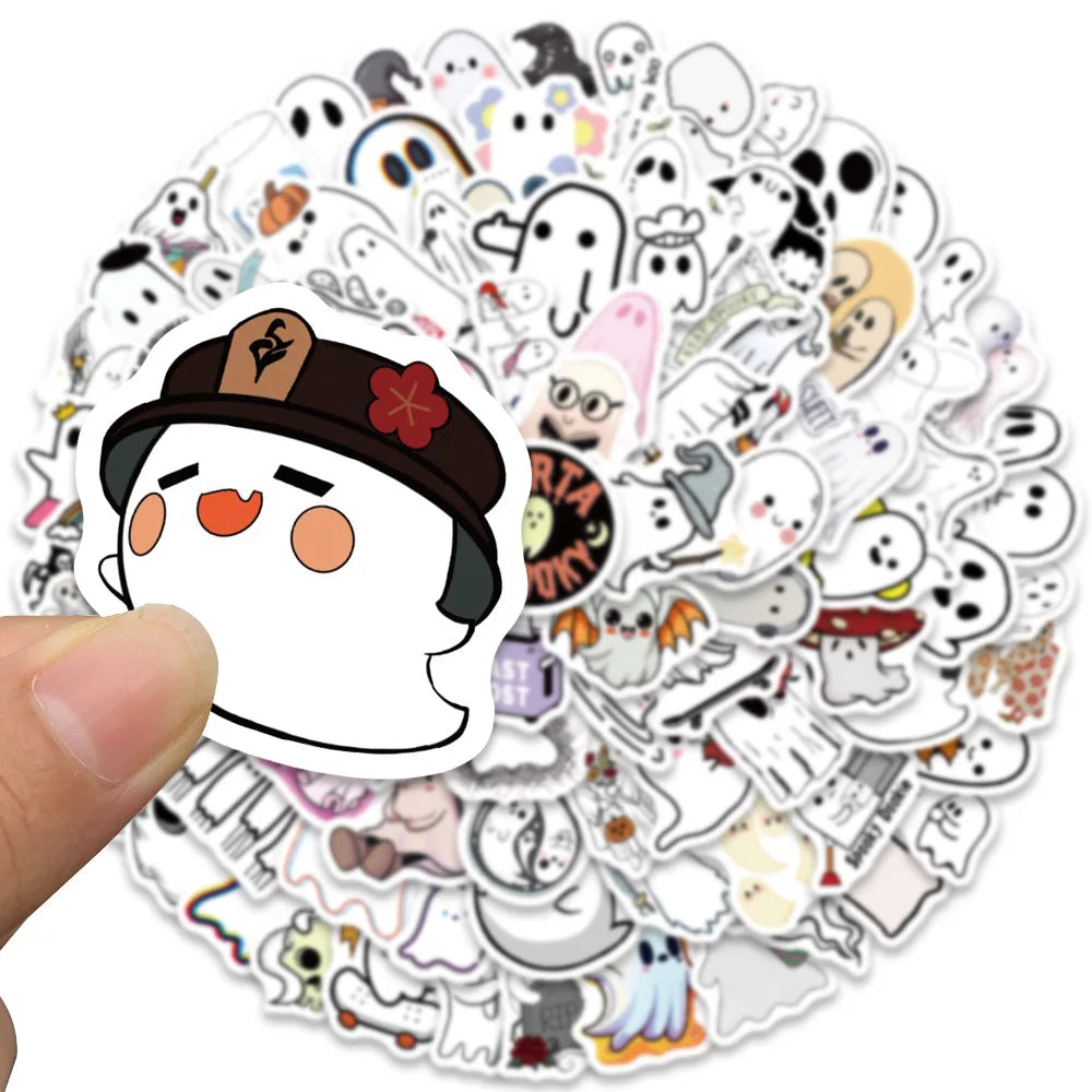 10/30/50/100PCS Cute Ghost Stickers Funny Cartoon Decals Halloween Toy For Kids Scrapbook Skateboard Notebook Fridge Decoration (ONLINE ORDER ONLY)
