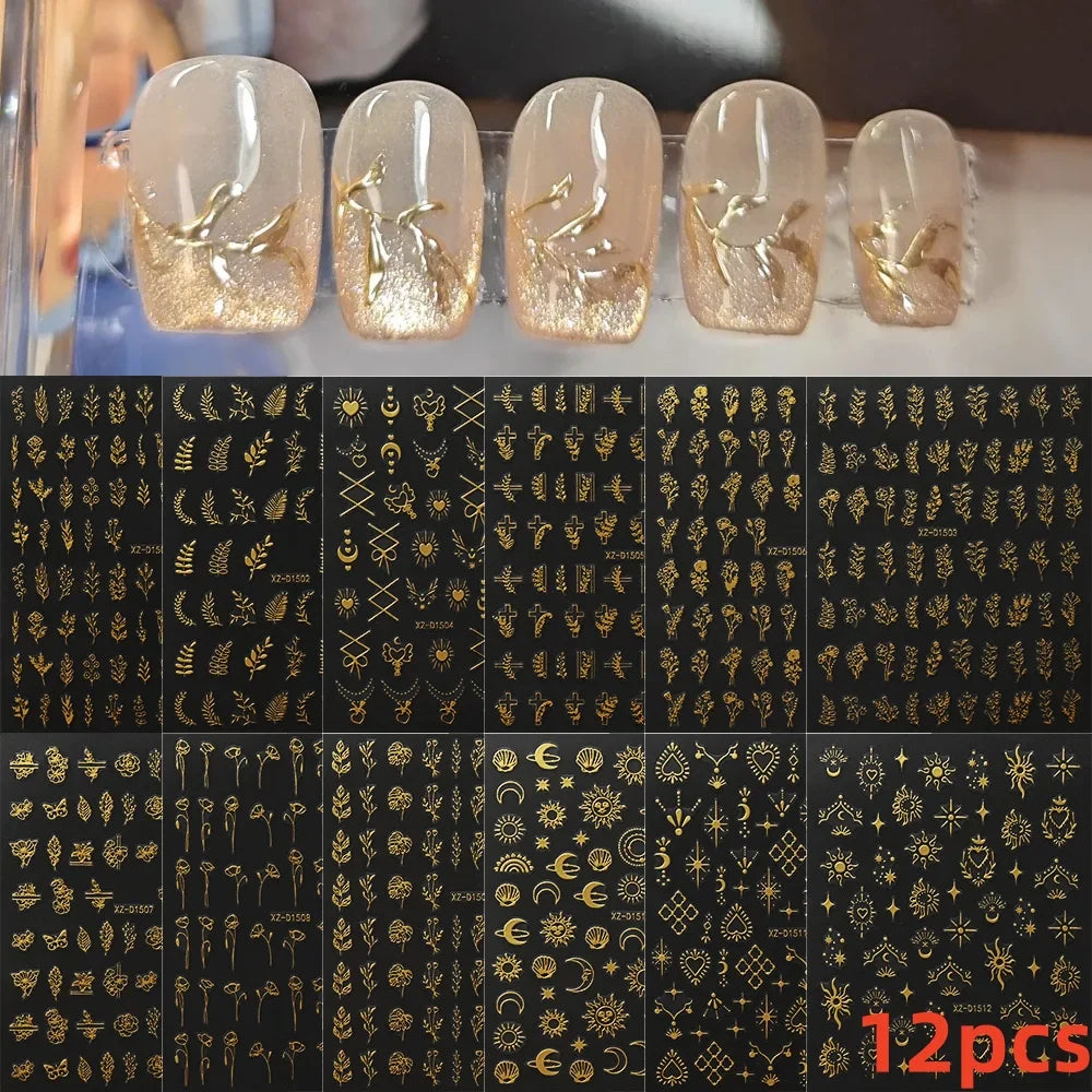 12Pcs 3D Golden Red Glitter Heart Love Nail Sticker Valentine Self Adhesive Cartoon Decal Geometry Lines Stripe Slider Manicure* (ONLINE ORDER ONLY)