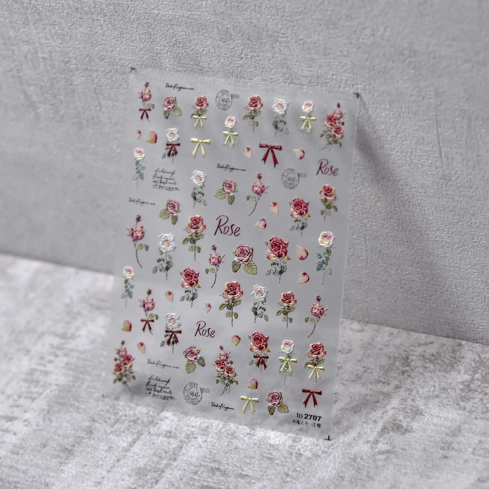 Retro Rose Flowers Bowknot Petal Romantic 5D Soft Embossed Relief Self Adhesive Nail Art Decoration Stickers 3D Manicure Decals (ONLINE ORDER ONLY)